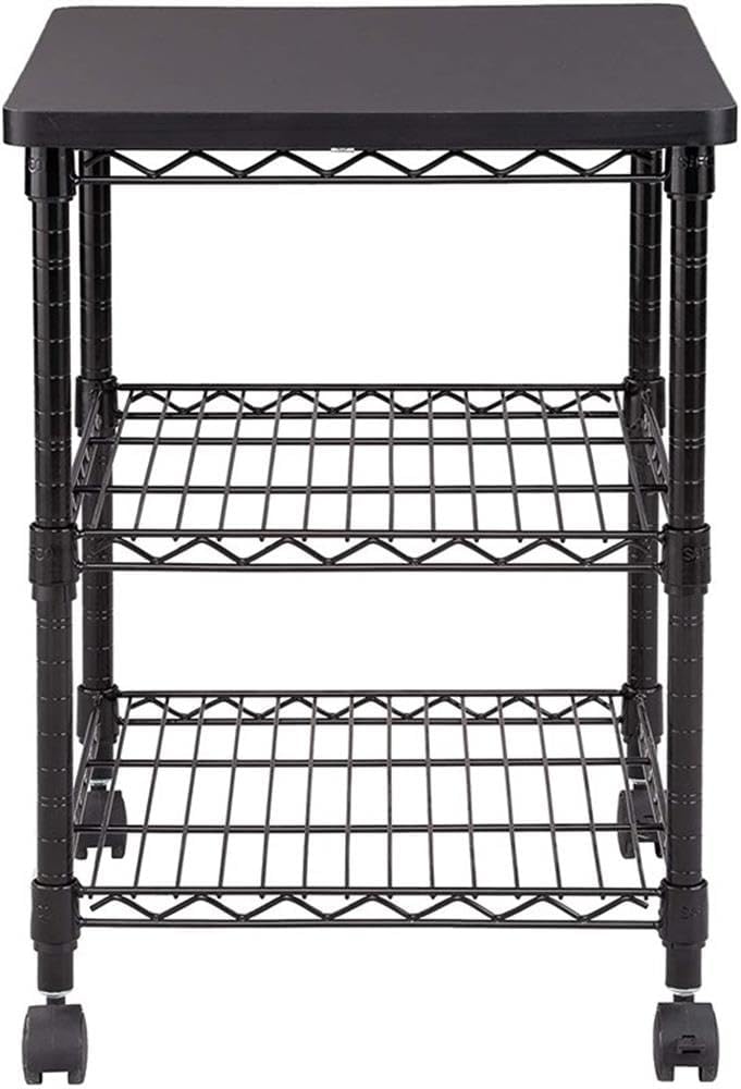 Safco Deskside 3 Tier Rolling Cart Printer Stand, Mobile Utility Table for Home Office with Steel Shelves, Black