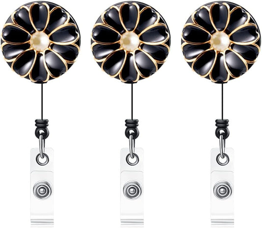 Retractable Badge Holder, ID Badge Reel with Pearl, 3 Pack (Black)