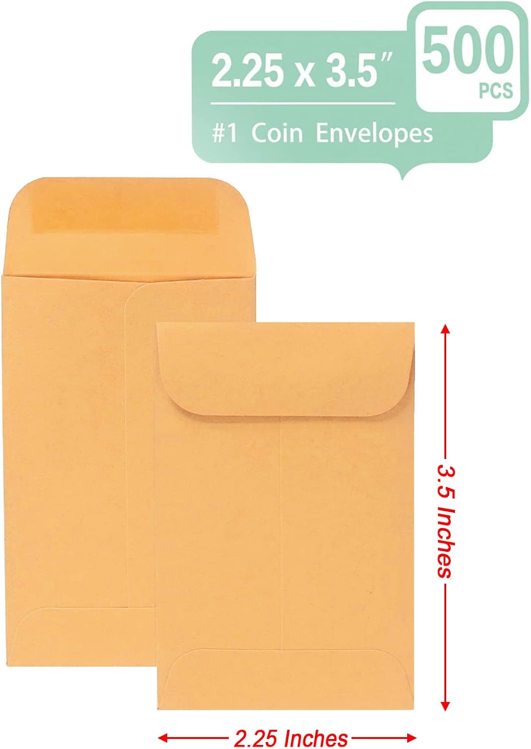 500 PCS #1 Coin Envelopes, 2-1/4” x 3-1/2” inches Brown Kraft Envelopes Classic Small Parts Envelopes with Self Adhesive Gummed Flap for Coins, Cash, Credit Cards, Seeds