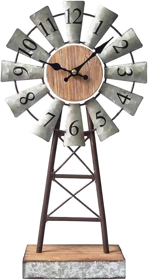 MODE HOME Farmhouse Windmill Desk Clock - 15.75 Inch Galvanized Metal Table Clock with Blades, Small Decorative Office Clock, Battery Operated Rustic Farmhouse Clock for Tabletop & Shelf Decor
