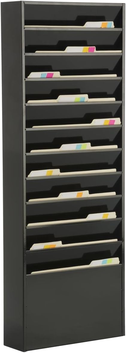 Displays2go File Folder Wall Rack with 11 Tiered Pockets, Shows Only The Top Portion of a File Folder, Office Filing Rack for Wall Mount - Black Powder-Coated Steel