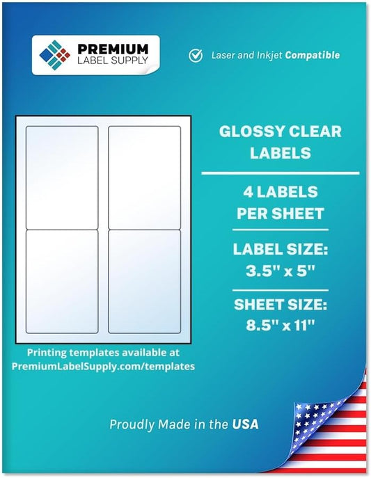 Premium Label Supply Glossy Clear Labels – 3.5" x 5" – Laser/Inkjet Compatible – (4 per Sheet), 25 Sheets – 100 Total Adhesive Labels