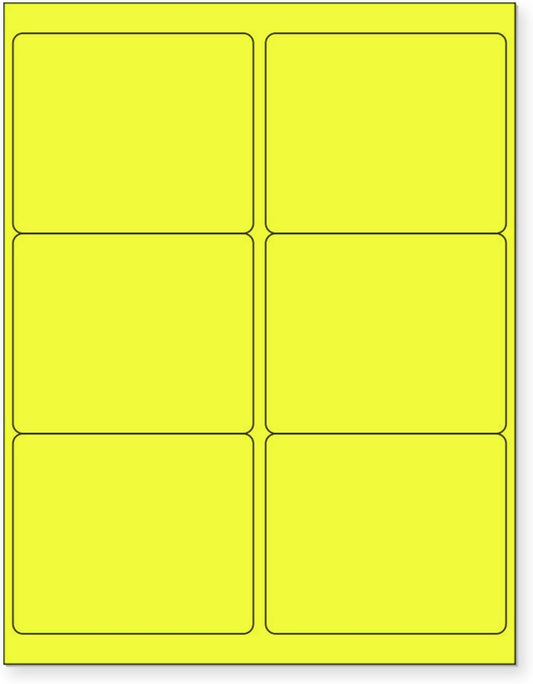 8-1/2 x 11 Neon Color High Light Fluorescent Labels for Laser & Inkjet Printer (Yellow Fluorescent, 4" x 3-1/3" - 6 Per Page | 300 Labels)