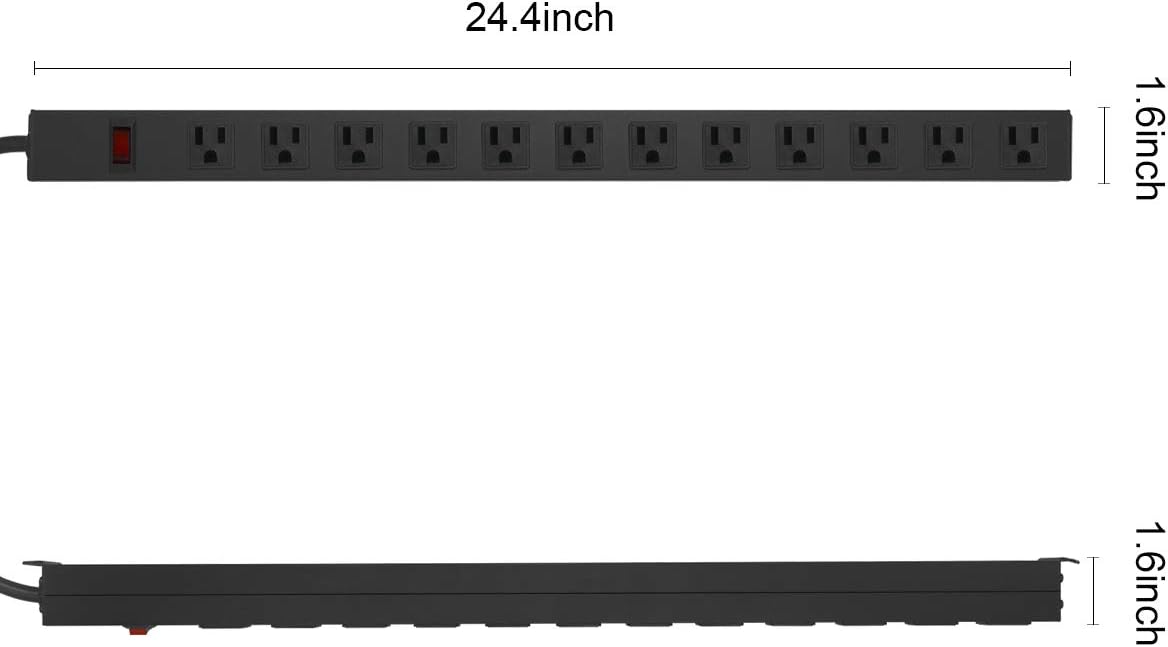 Metal Wall Mount Power Strip, Mountable Power Outlet with 12 AC Outlets, Aluminum Alloy Mount Power Socket with Switch, 6 FT SJT 3/C 14AWG Power Cord, 15A 125V 1875W (12AC) Black