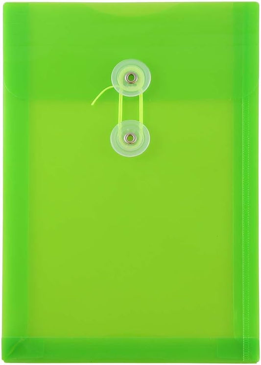 JAM PAPER Plastic Envelopes with Button & String Tie Closure - 6 1/4 x 9 1/4 - Lime Green - 12/Pack