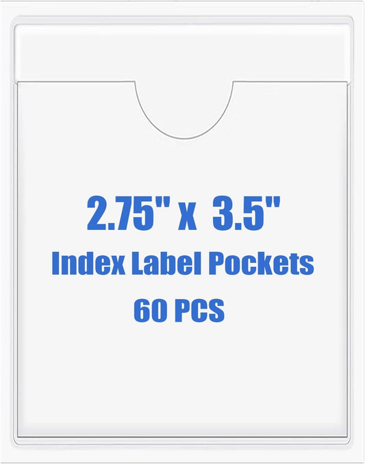 Origin-Joy 60 PCS Self Adhesive Index Card Pockets with Top Open, Clear Plastic Label Holder for Cards of Note, Library and Business, Adhesive Label Pockets & Card Holder (2.75 x 3.5 inch)