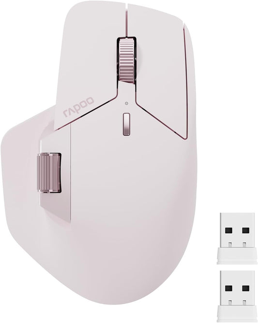Rapoo MT760 Multi-Device Wireless Mouse, Bluetooth 5.0 and 2.4GHz Multi-Mode Connection, Up to 4 Devices, 11 Programmable Buttons, 4K DPI, Ergonomic Design, 90 Days Battery Life, PC, Pink