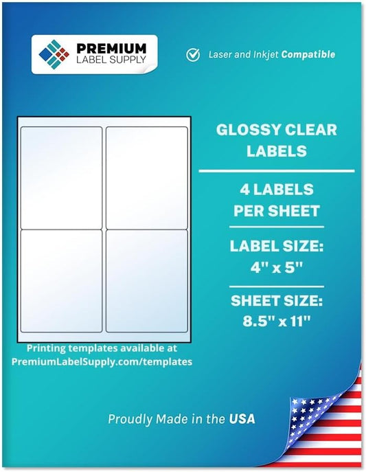 Premium Label Supply Glossy Clear Labels – 4" x 5" – Laser/Inkjet Compatible – (4 per Sheet), 10 Sheets – 40 Total Adhesive Labels