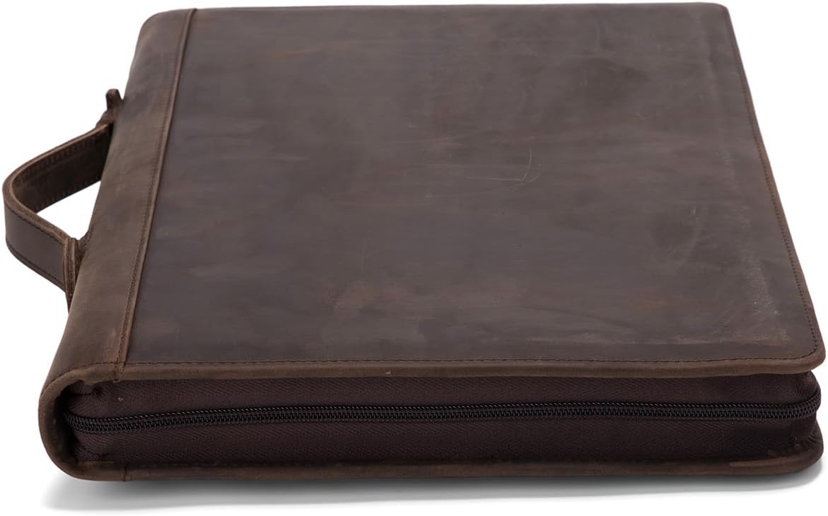 Genuine Leather 3 Ring Binder Portfolio, 8.5 x 14 Legal Size Pad Holder, Hidden Handle, Zippered Padfolio with 15” Laptop Organizer, Professional Business Folio for Men Women, Dark Khaki