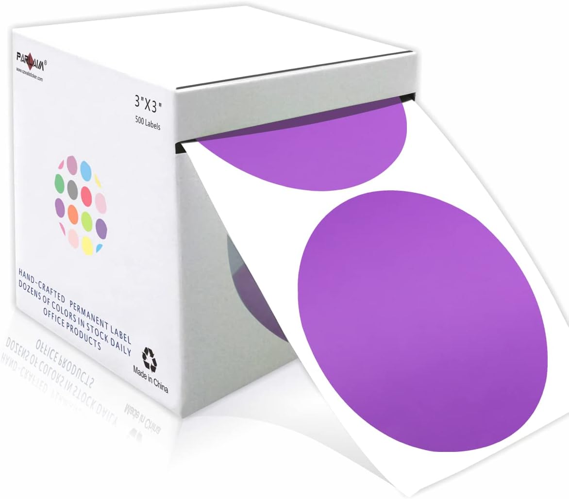 PARLAIM 3 Inch Round Permanent Adhesive Color Cod Dot Stickers,500 per Dispenser Box Roll dots Label Inventory Circle Stickers（Purple）