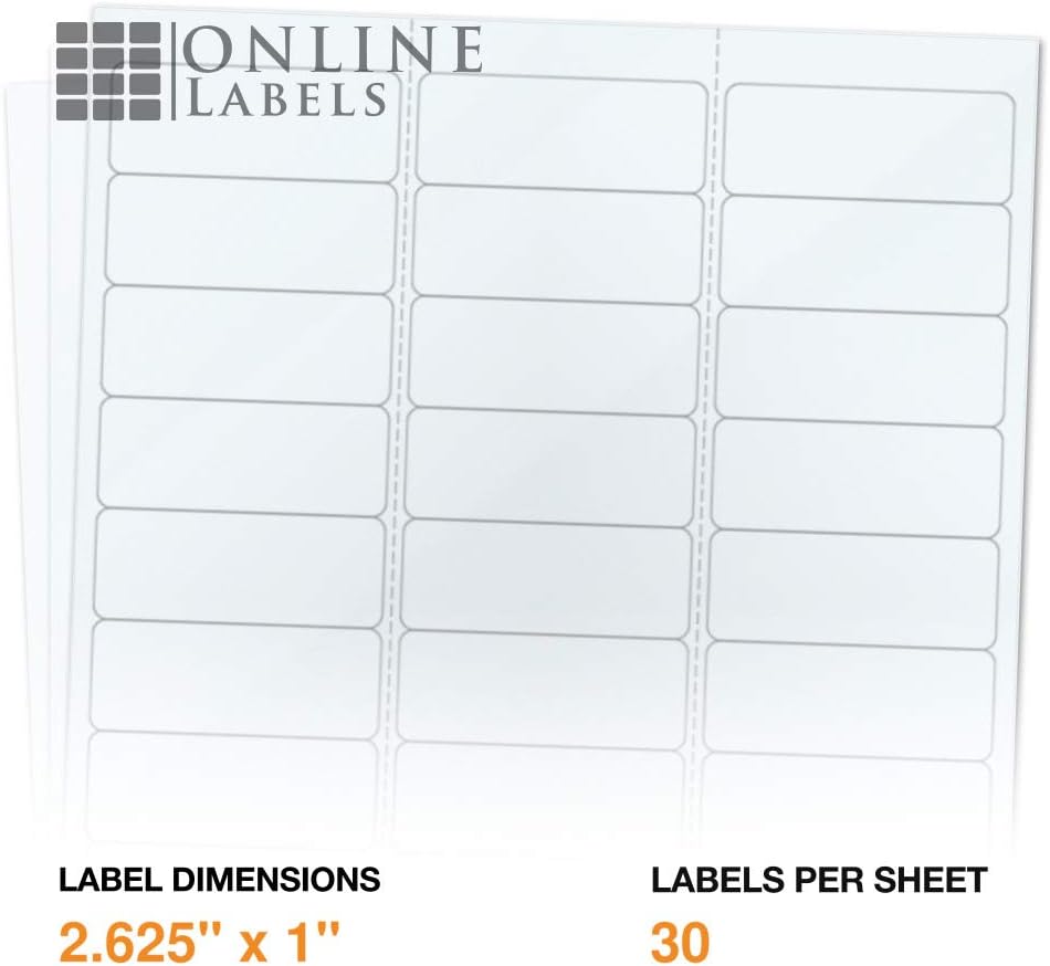 2.625" x 1" Waterproof Clear Gloss Address Labels - Pack of 300 Transparent Labels, 10 Sheets - Compatible with Laser Printers, OL875CL, OnlineLabels