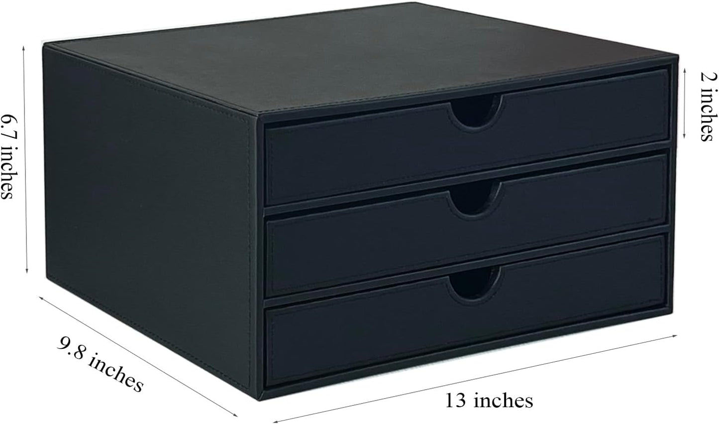 UnionBasic Document Organizer, 3-Drawer File Cabinet Document Storage Box, Office Desktop Filing Organizer, Black with White Stitching