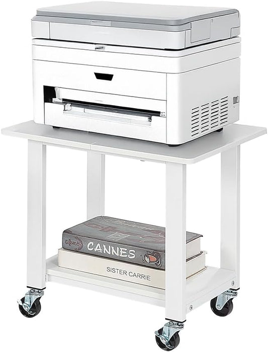 SunnyPoint 2-Tier Under Desk Printer Stand with Storage Shelf and Steel Frame, Industrial Mobile Printer Cart Holder with Lockable Wheels for Home and Office (WHT)