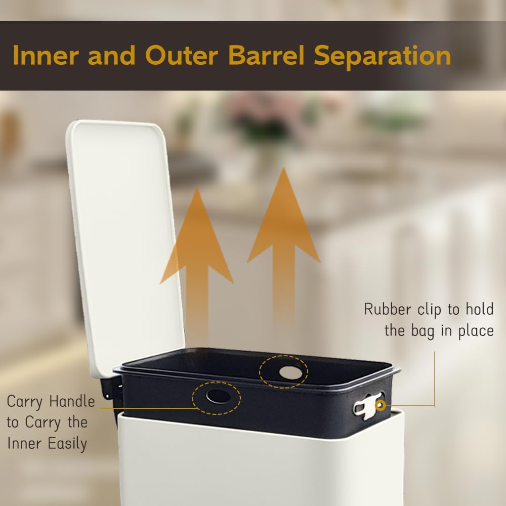 Bathroom Trash Can, 2.6 Gallon Trash Can with Lid, Stainless Steel Pedal Trash Bin with Removable Liner for Bathroom, Bedroom, Kitchen, Office,10 Liter White Garbage Can