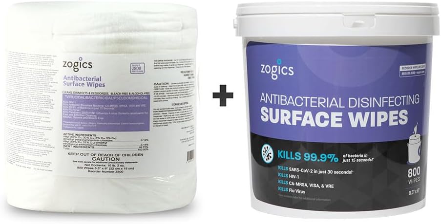 Zogics Antibacterial Wipes, EPA Registered Surface and Gym Equipment Disinfecting Wipes (800 Wipes) + Reusable Wipe Bucket Dispenser