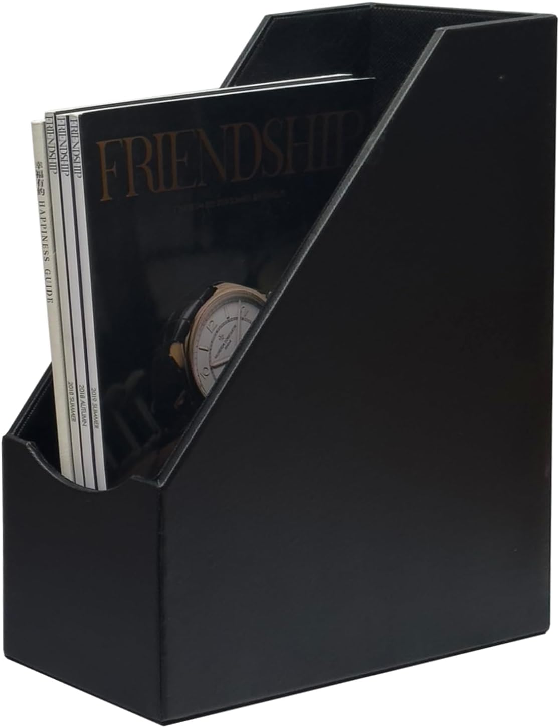 UnionBasic Magazine File Holder, Leatherette Desktop Document Organizer, Home Office Paper Holder File Storage Literature Sorter, Black