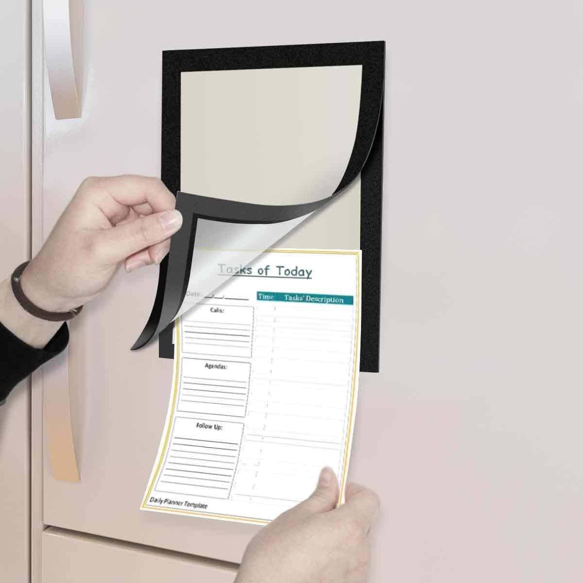 Document Sign Holder Pockets with Magnetic Back, Plastic Poster Picture Notice Display Frame for Fridge/Whiteboard/Chalkboard/Cabinet, 8.5 x 11.6 Inches, Black, 12 Pcs