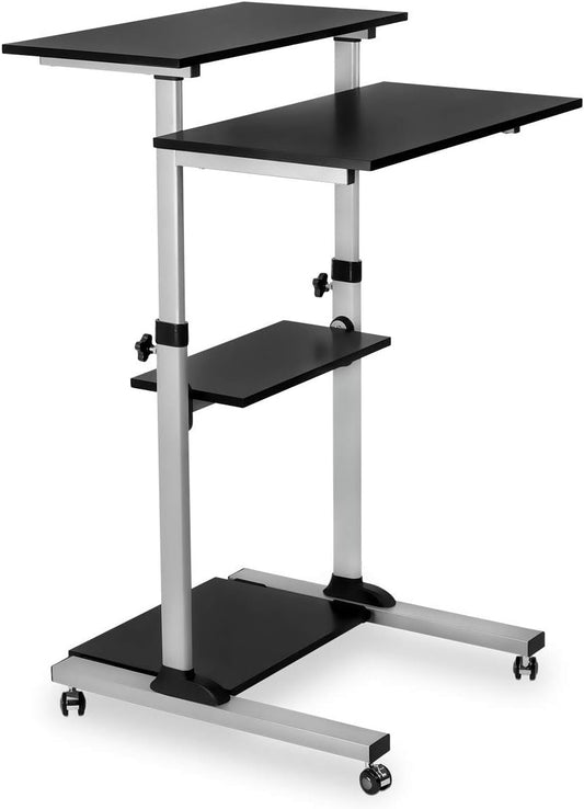 Mount-It! Rolling Desk Adjustable Height up to 54.7", Portable Standing Desk for Laptop or Podium Stand with Wheels, Mobile Roller Presentation Cart, Computer Work Station 27.5" Wide, Locking Wheels