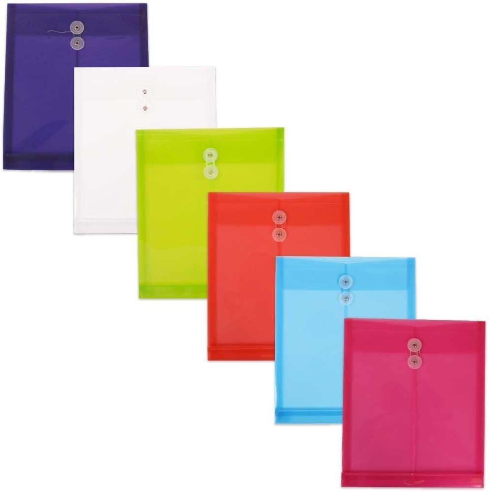 JAM PAPER Plastic Envelopes with Button & String Tie Closure - Letter Open End - 9 3/4 x 11 3/4 - Assorted Colors - 12/Pack