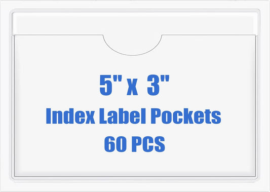 Origin-Joy 60 PCS Self Adhesive Index Card Pockets with Top Open, Clear Plastic Label Holder for Cards of Note, Library and Business, Adhesive Label Pockets & Card Holder (5 x 3 inch)