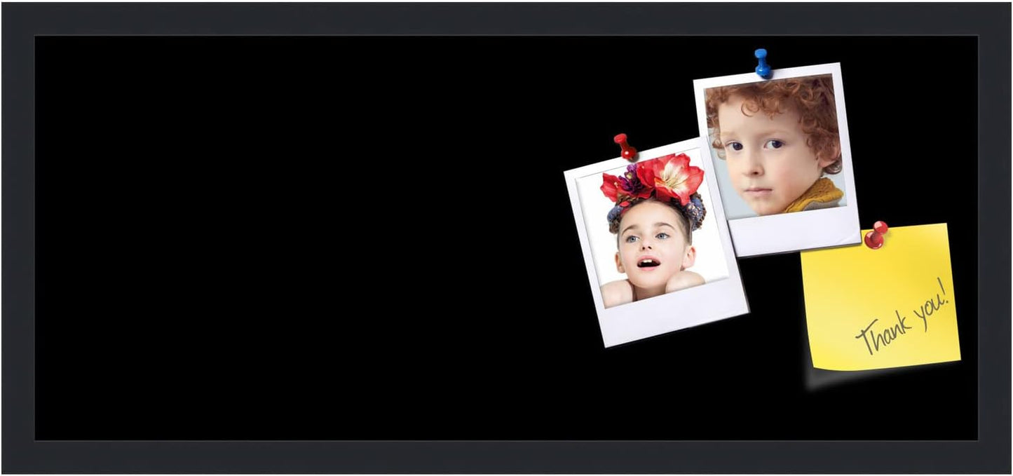 PinPix 28x12 Inch Cork Bulletin Board. This Decorative Framed Pin Board Comes with Solid Black Design and a Satin Black Frame. Ideal for Home Office Decor or Message Board (PinPix-622)