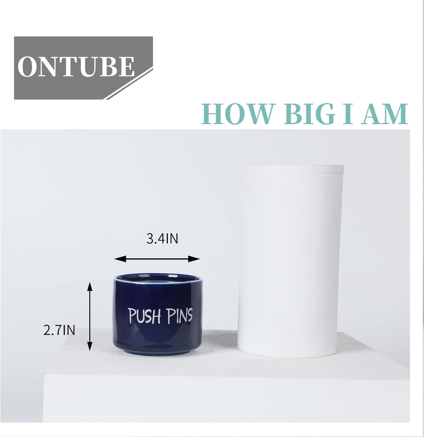 Ceramic Push Pins Holder, Paper Clips Dispenser Organizer for Desk and Binder Clips Holders Container for Office School Home Supplies 3.4Inch, Navy