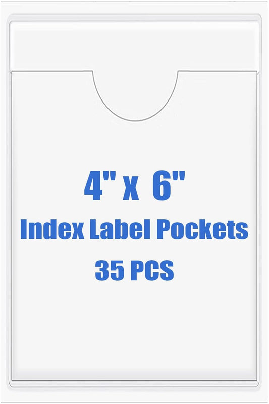 Origin-Joy 35 PCS Self Adhesive Index Card Pockets with Top Open, Clear Plastic Label Holder for Cards of Note, Library and Business, Adhesive Label Pockets & Card Holder (4 x 6 inch)