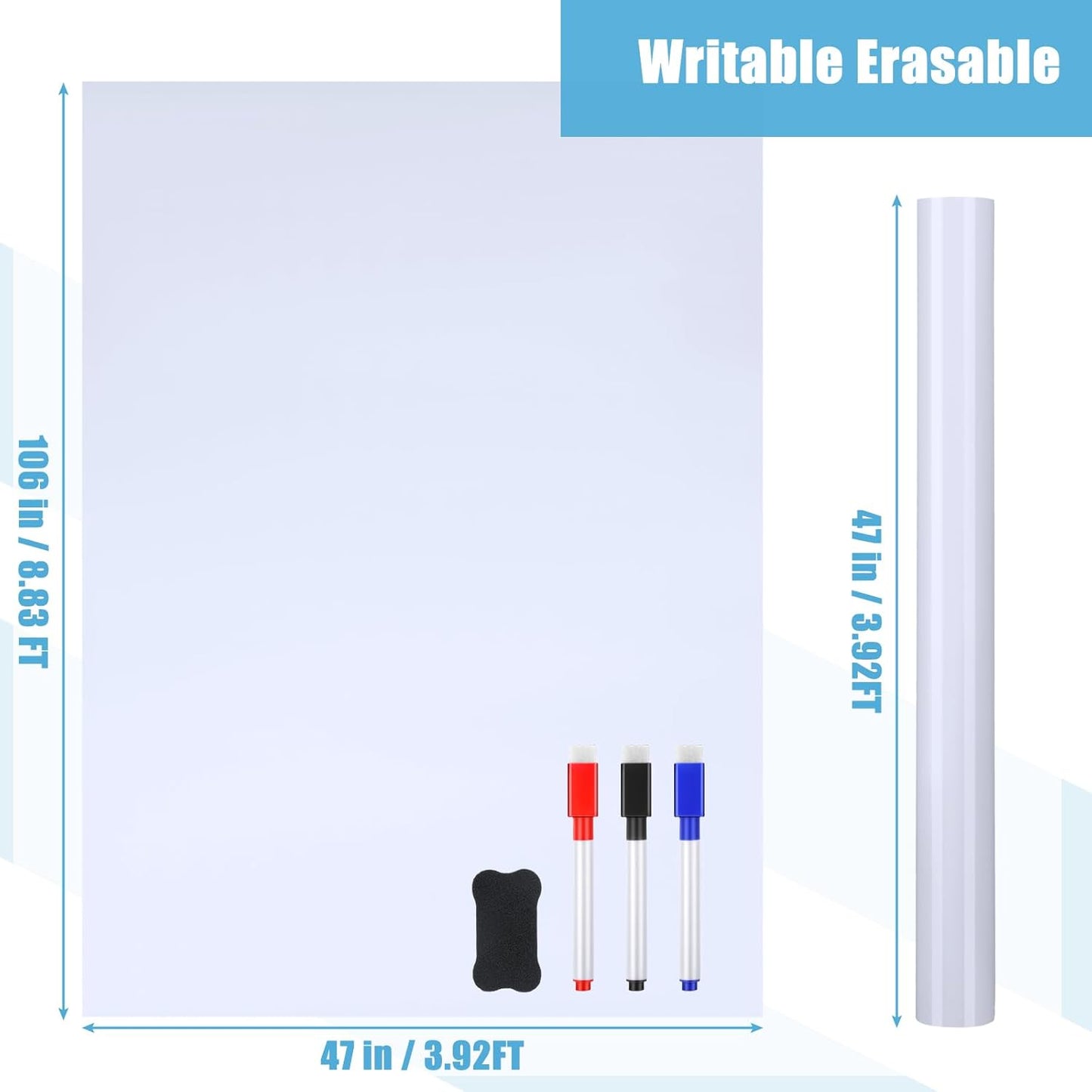 Magnetic Dry Erase Whiteboard Contact Paper White Board Wall Paper Magnetic White Board Wall Decal Peel and Stick for Classroom Playroom Office with 3 Markers and Eraser(47 x 106 Inch)