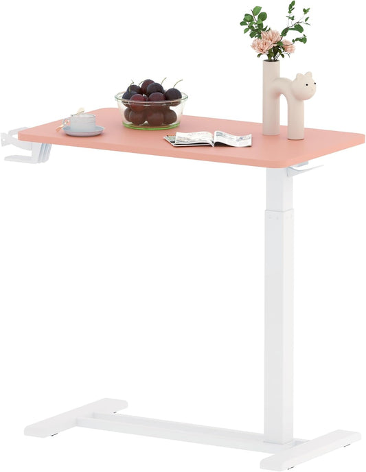 SANODESK Mobile Standing Desk with Hidden Wheels,Pneumatic Laptop Desk Rolling Computer Cart Movable Height Adjustable Small Sit Stand Desk for Home Office(27.6" W x 15.7" D, Pink)