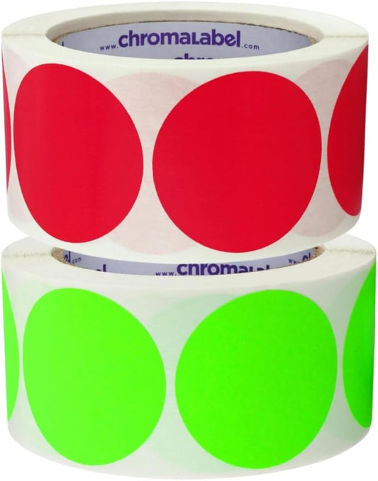 ChromaLabel 2 Inch Round Colored Stickers, Permanent Sticky Dots Color Coding Labels, Easy to Write On Colored Dot Stickers - 500 Sticker Dots per Roll, Matte Finish Fluorescent Green and Red