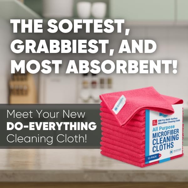 12" x 12" MW Pro Multi-Surface Microfiber Cleaning Cloths | Red - 12 Pack | Premium Microfiber Towels for Cleaning Glass, Kitchens, Bathrooms, Automotive, Supplies & Products