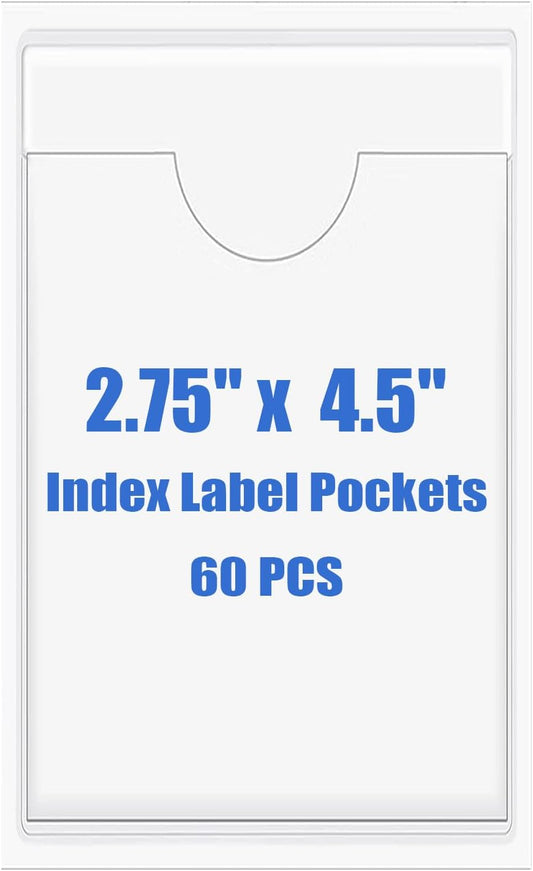 Origin-Joy 60 PCS Self Adhesive Index Card Pockets with Top Open, Clear Plastic Label Holder for Cards of Note, Library and Business, Adhesive Label Pockets & Card Holder (2.75 x 4.5 inch)