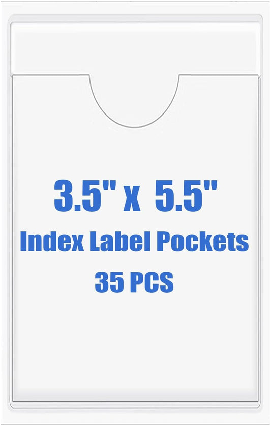 Origin-Joy 35 PCS Self Adhesive Index Card Pockets with Top Open, Clear Plastic Label Holder for Cards of Note, Library and Business, Adhesive Label Pockets & Card Holder (3.5 x 5.5 inch)