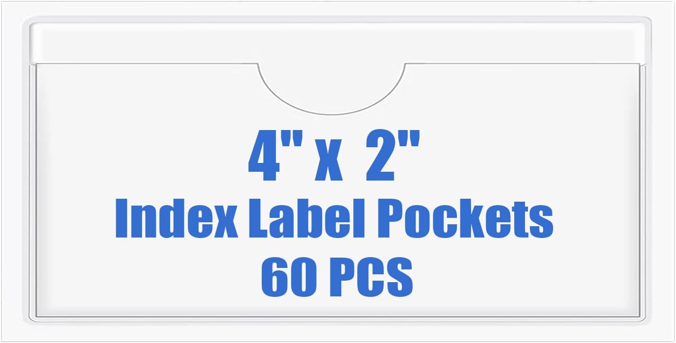 Origin-Joy 60 PCS Self Adhesive Index Card Pockets with Top Open, Clear Plastic Label Holder for Cards of Note, Library and Business, Adhesive Label Pockets & Card Holder (4 x 2 inch)