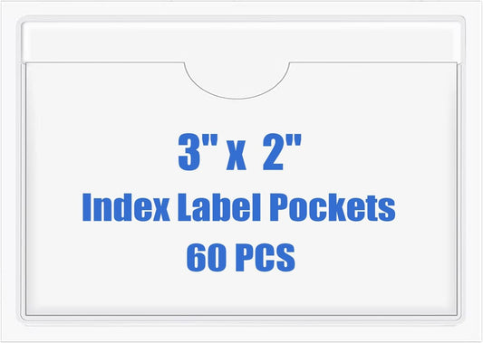 Origin-Joy 60 PCS Self Adhesive Index Card Pockets with Top Open, Clear Plastic Label Holder for Cards of Note, Library and Business, Adhesive Label Pockets & Card Holder (3 x 2 inch)