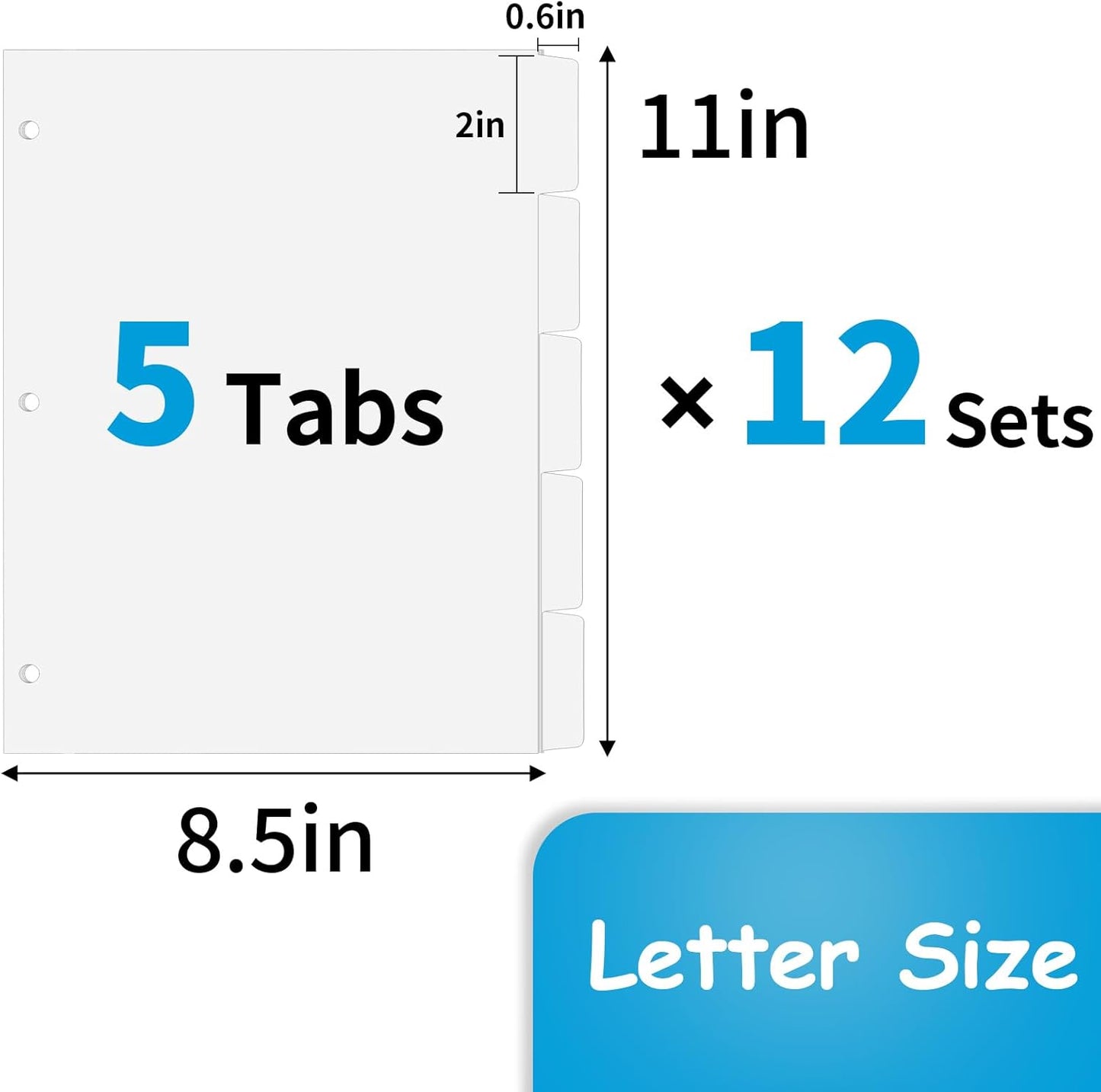 Binder Dividers for 3 Ring Binder, 1/5 Cut Tabs, Letter Size, Blank Write On Page Dividers with 5 Big Tabs for School Office Home, 12 Sets, 60 Dividers, White