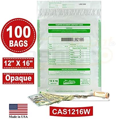 100 Cashier Depot Tamper Evident Bank Deposit Bags, 12" x 16" White/Opaque, Serialized Numbering, Barcode, Press & Seal Void Closure Tape (100 Bags)