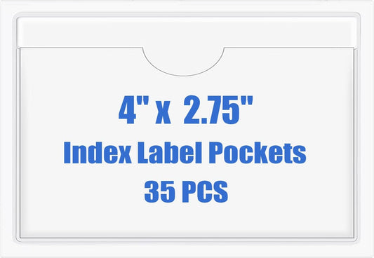 Origin-Joy 35 PCS Self Adhesive Index Card Pockets with Top Open, Clear Plastic Label Holder for Cards of Note, Library and Business, Adhesive Label Pockets & Card Holder (4 x 2.75 inch)