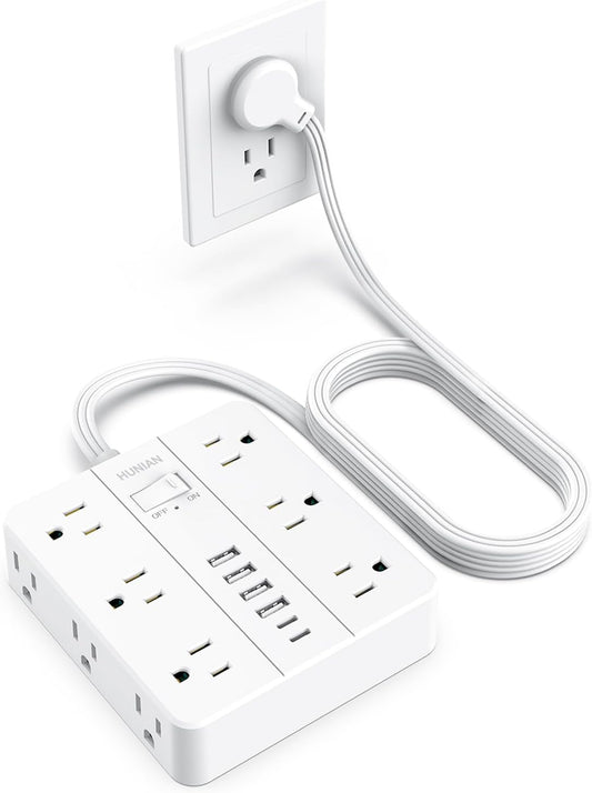 Flat Plug Surge Protector Power Strip, HUNIAN 12 Widely Spaced Outlets with 6 USB Charger (2 USB C Ports), 10 Ft Extension Cord Desk Charging Station for Home Office Supplies, Dorm Room, White
