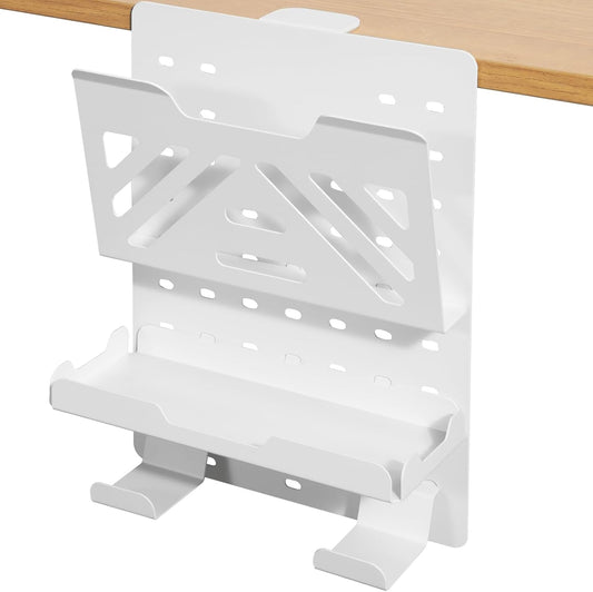 MAXECHO Desk Side Storage Holder, Metal Pegboard, Above or Under Desk Laptop Mount, Table Side Hanging File Organizer, Clamp On Cable Management Tray, Peg Board for Gaming, Office