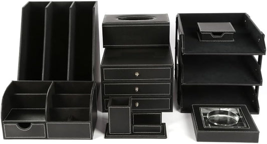 KINGFOM Pu Leather Desk Organizers and Accessories, 8 PCS/SET Office Supplies Organization with Magazine Files Holder, Stackable Paper Tray, Desktop Organizers with Drawer for Home Office School Black