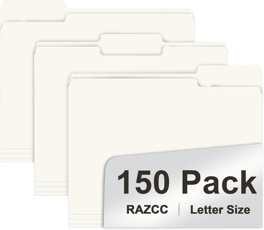 File Folder, RAZCC 150 Pack 1/3 Cut Tab File Folders Letter Size, Folders for Dcouments, Folders with Tab Great for Organizing and Easy File Storage, White