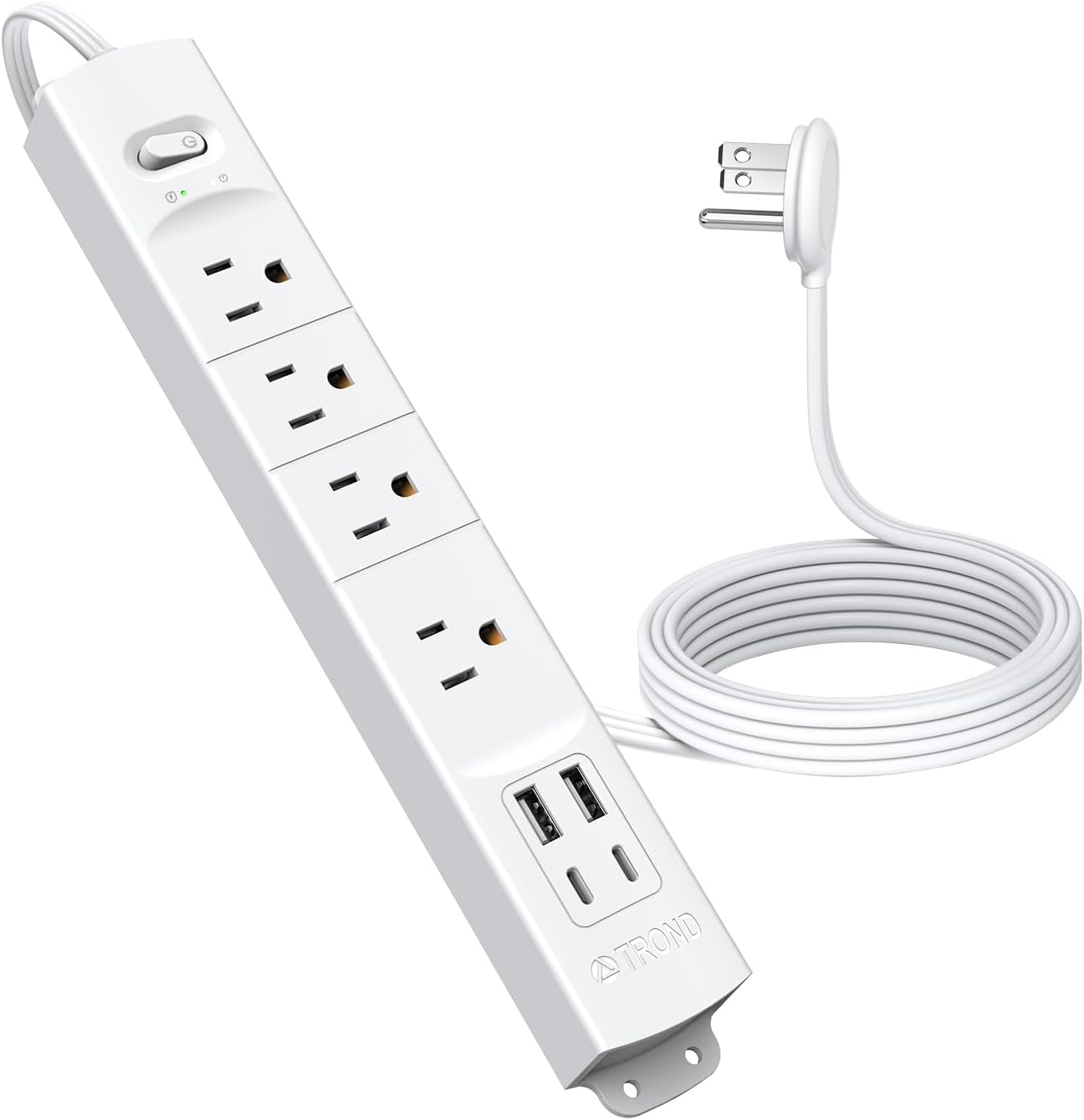 TROND Flat Plug Power Strip USB-5ft Flat Extension Cord Surge Protector Wall Mount, 2 Type C & 2 USB A Ports with Multiple Outlets, 1440J, 1625W for Office Supplies Dorm Room Essentials, White