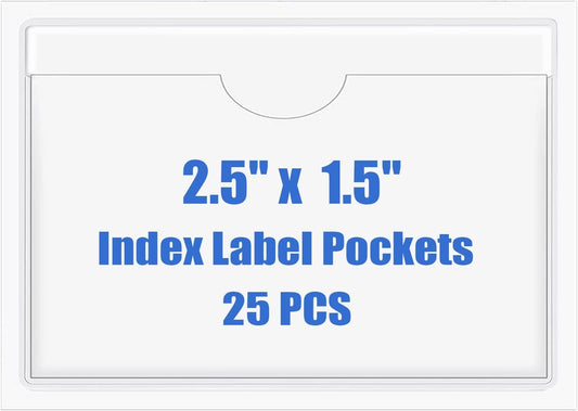 Origin-Joy 25 PCS Self-Adhesive Index Label Pockets, Clear Plastic Peel & Stick Card Holders with Top Open for Loading (2.5 x 1.5 inch)