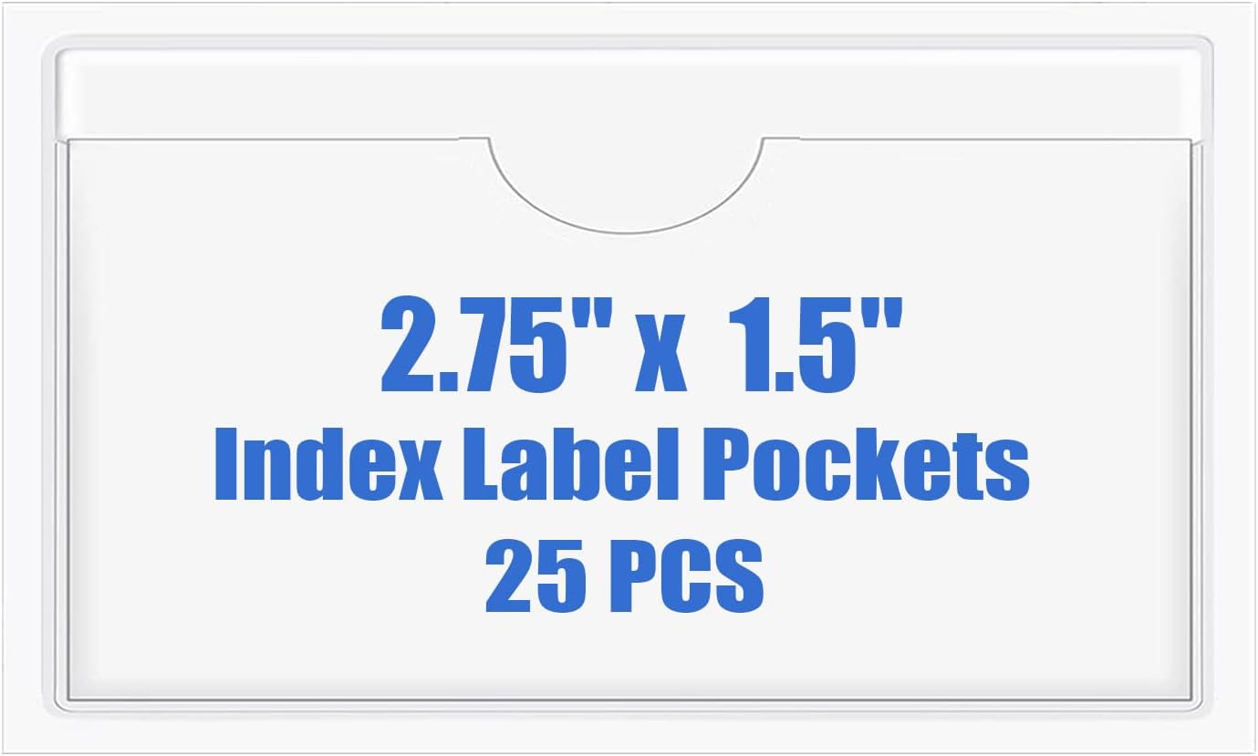 Origin-Joy 25 PCS Self-Adhesive Index Label Pockets, Clear Plastic Peel & Stick Card Holders with Top Open for Loading (2.75 x 1.5 inch)