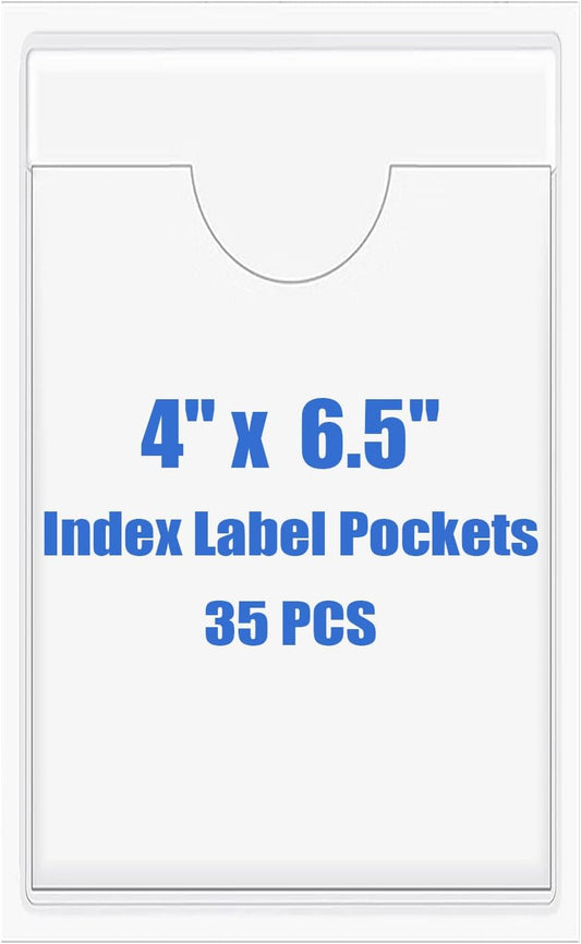 Origin-Joy 35 PCS Self Adhesive Index Card Pockets with Top Open, Clear Plastic Label Holder for Cards of Note, Library and Business, Adhesive Label Pockets & Card Holder (4 x 6.5 inch)