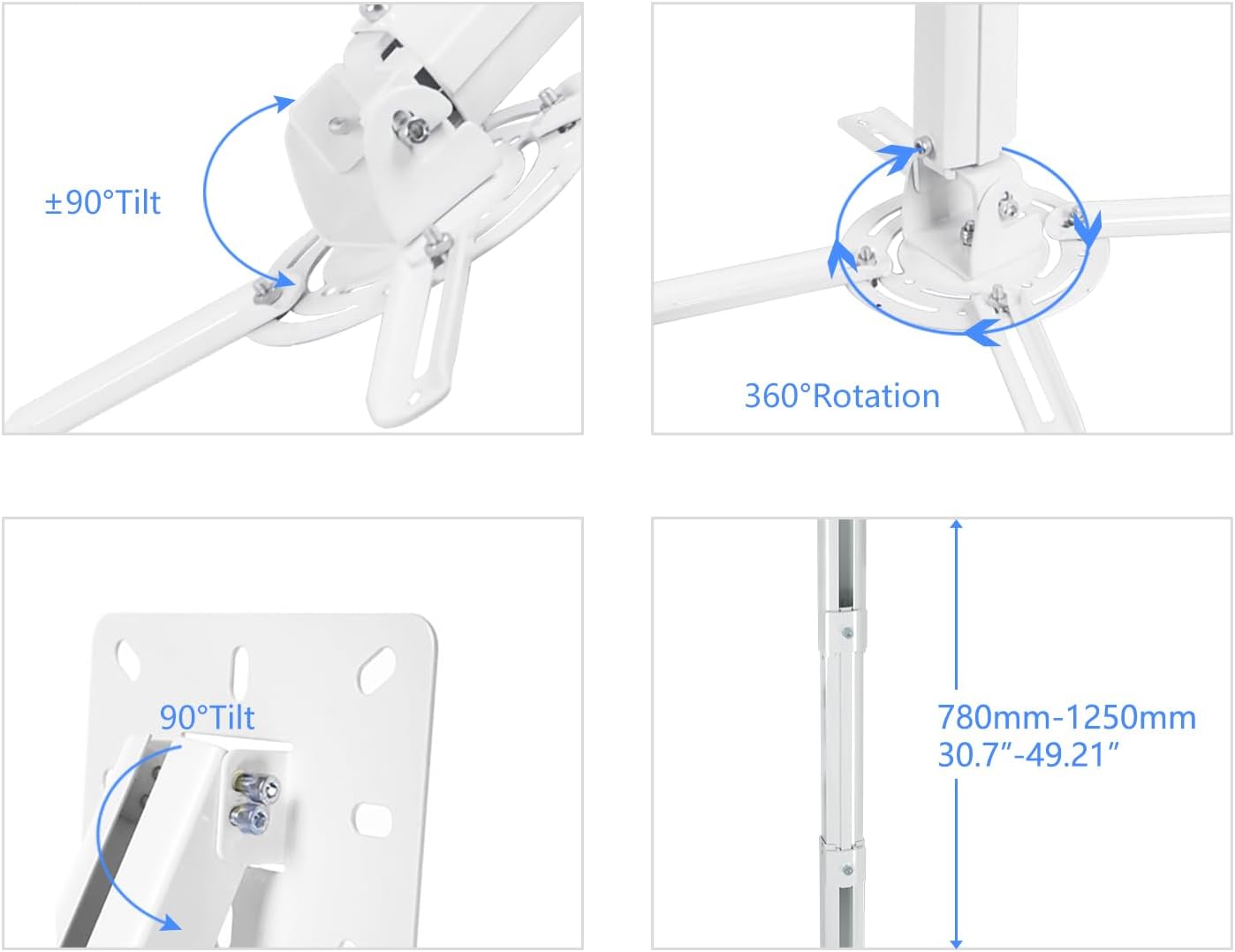 suptek White Projector Ceiling Mount Bracket Fits Flat or Sloped Ceiling Height Adjustable with Extendable Length 30.7-49.21inch,for LCD/DLP Projectors,White (PR05LW)