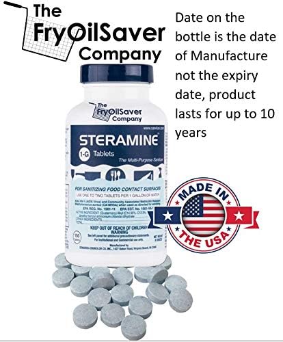 4x Steramine Sanitizer Tablet Bottle by FryOilSaver Co., 4-Pack(600 Tablets) Multi Purpose Sanitizing Tablets for Food Contact Surface, Kitchen, Restaurant Cleaning w/ 15x Test Kit of QT-10 Test Strip