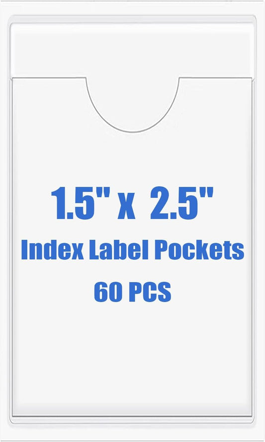 Origin-Joy 60 PCS Self Adhesive Index Card Pockets with Top Open, Clear Plastic Label Holder for Cards of Note, Library and Business, Adhesive Label Pockets & Card Holder (1.5 x 2.5 inch)