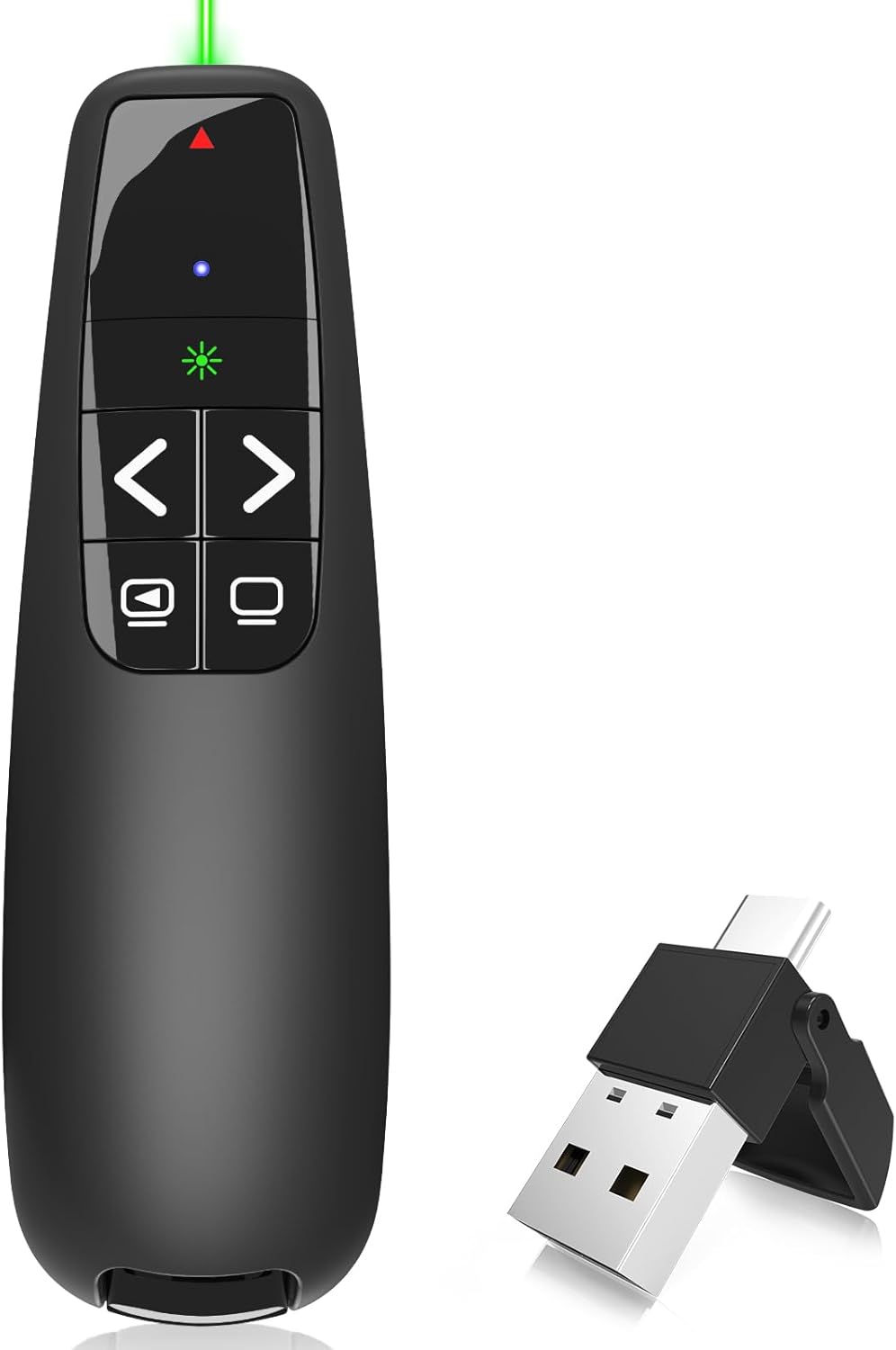 Wireless Presentation Clicker PowerPoint Presenter Remote : USB Type C Clicker with Green Laser Pointer Long Range PPT Control -Power Point Google Slide Advancer for Mac Laptop PC Computer Keynote